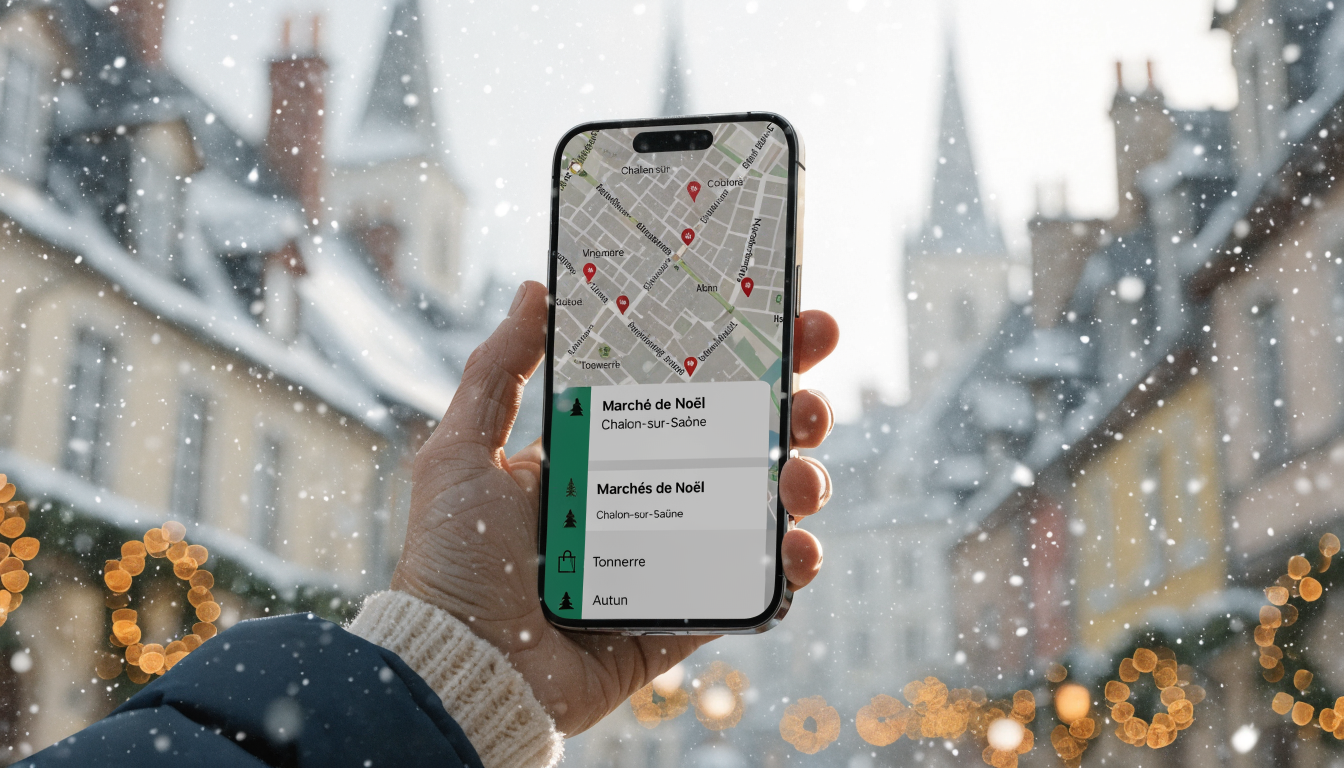 Application mobile montrant la carte des marchés labellisés Territoires de Noël