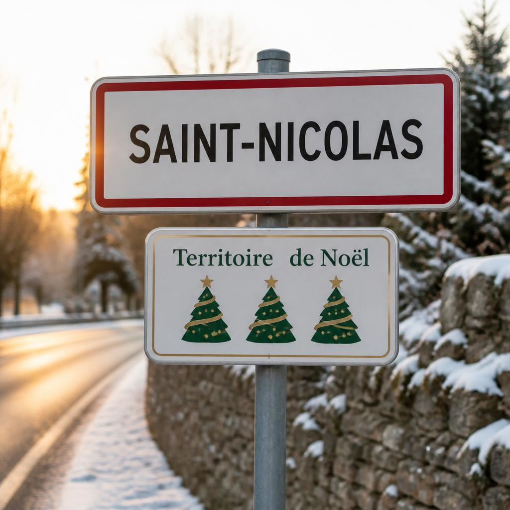 Panneau d'entrée d'agglomération avec le label Territoires de Noël